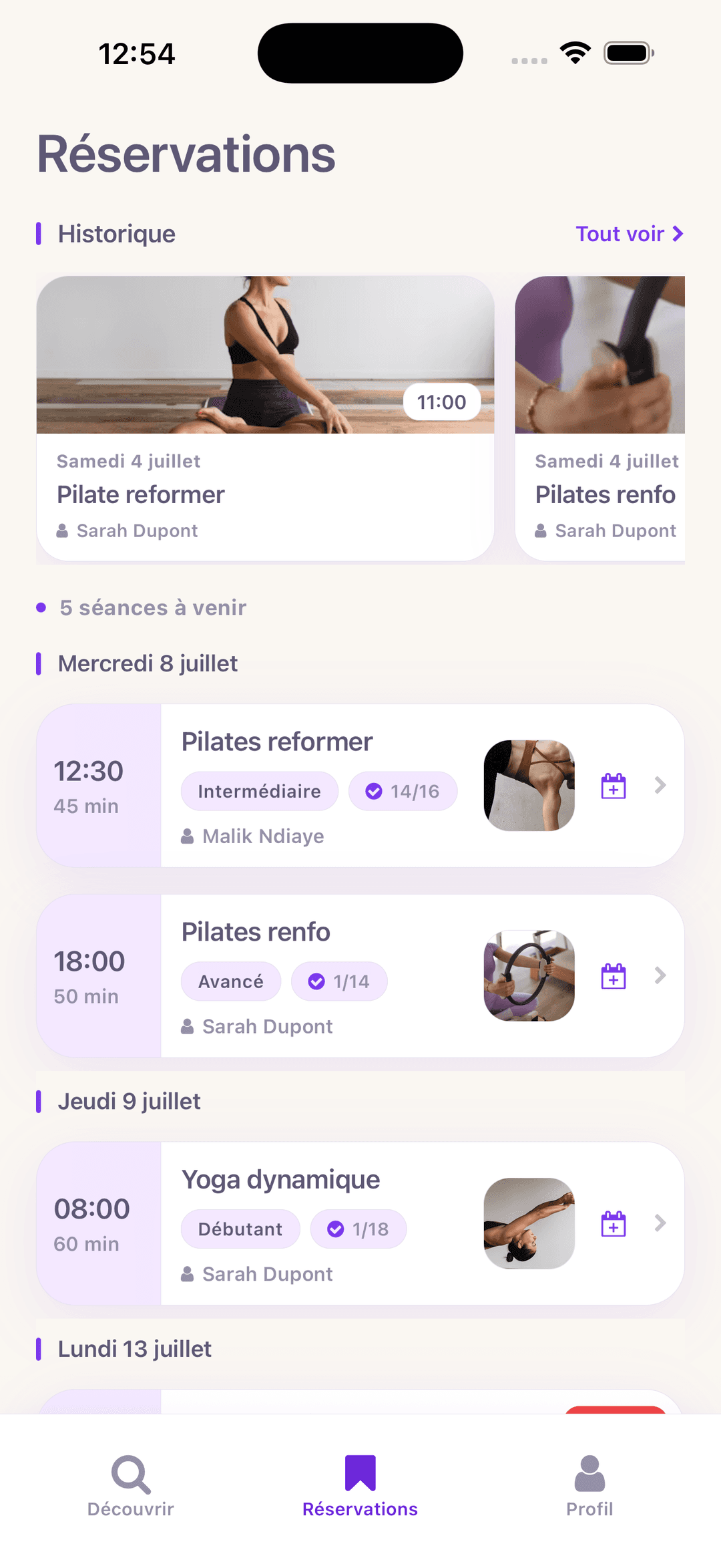 Écran Réservations Yoma — séances à venir, carnet de séances et historique