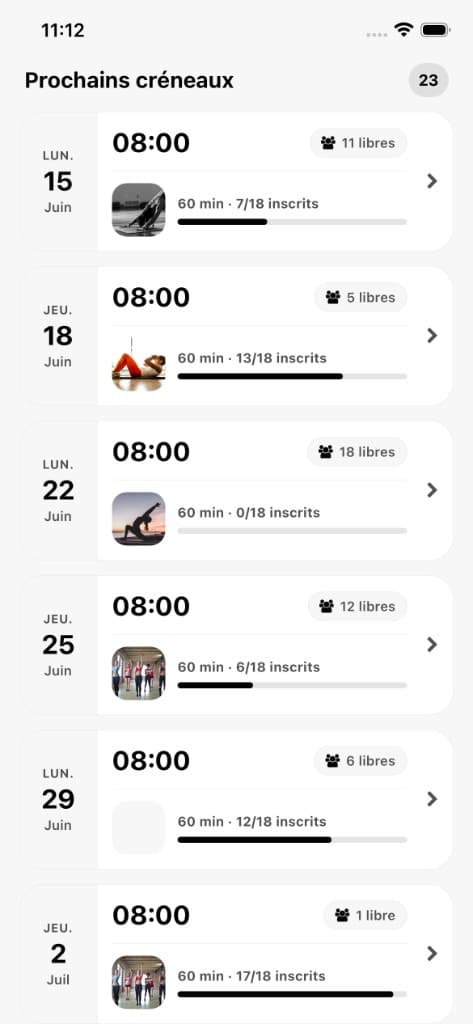 Prochains créneaux — application membre Yoma