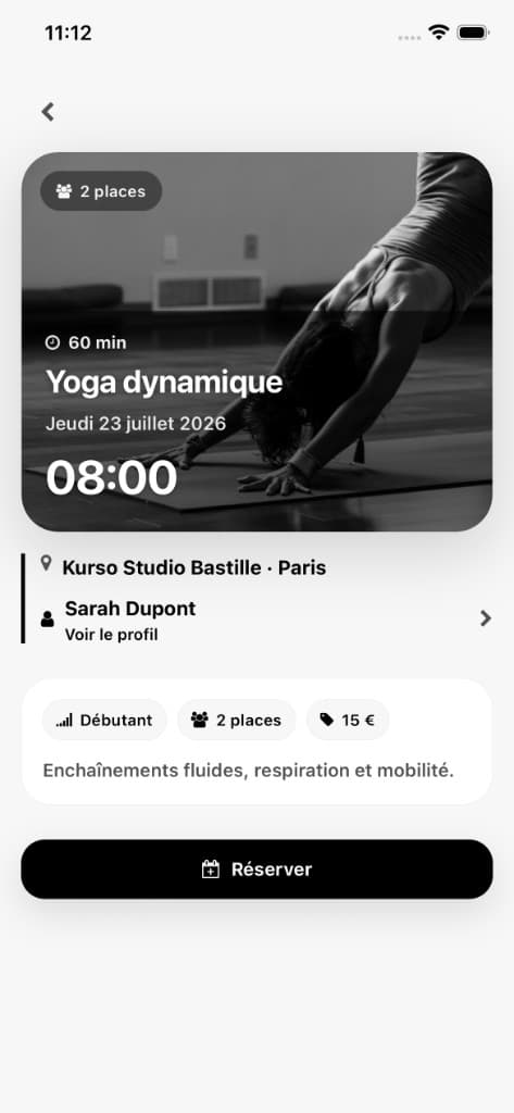 Réservation d'un cours — application membre Yoma