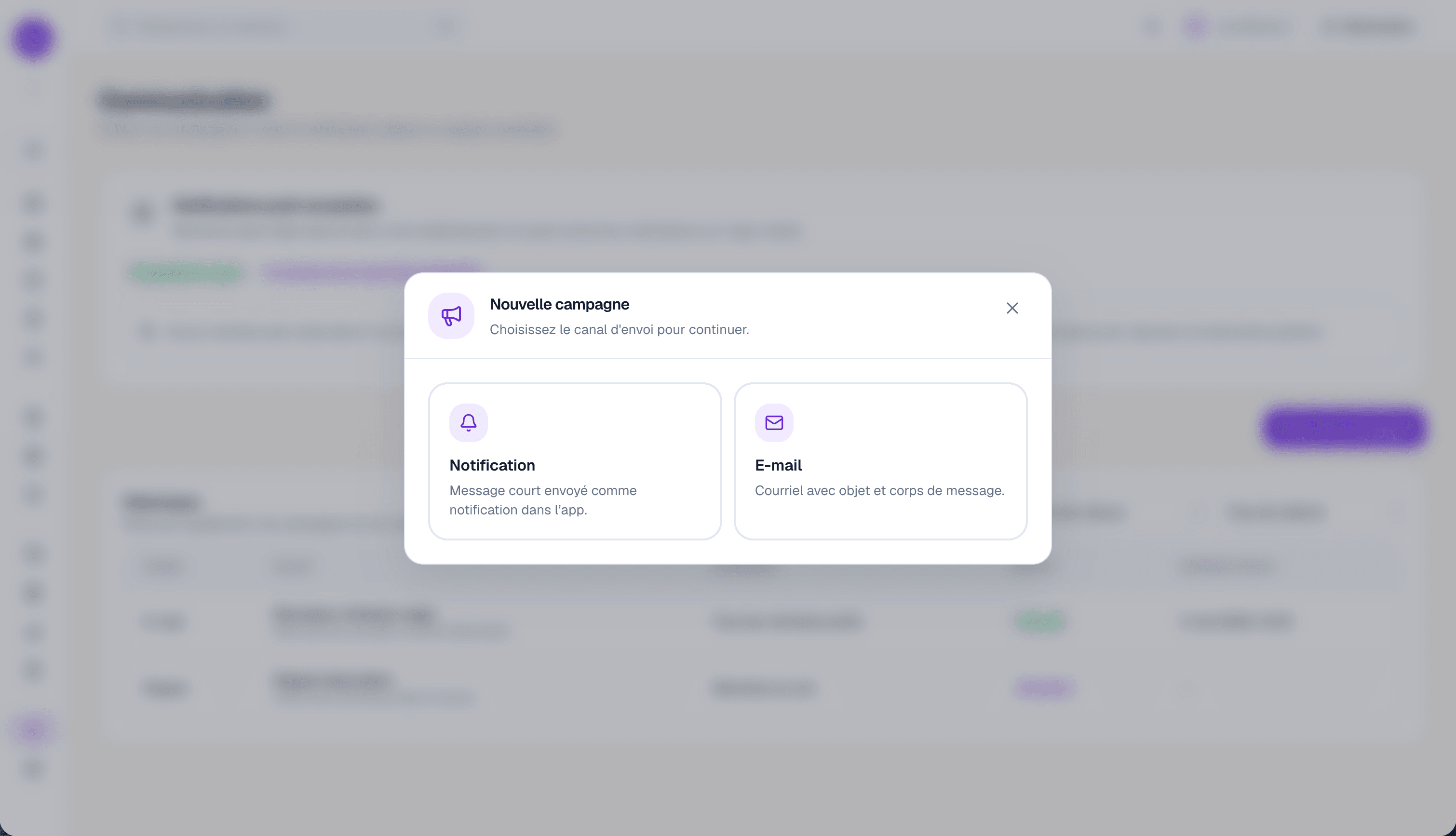 Dashboard Yoma — choix du canal d'une campagne de communication