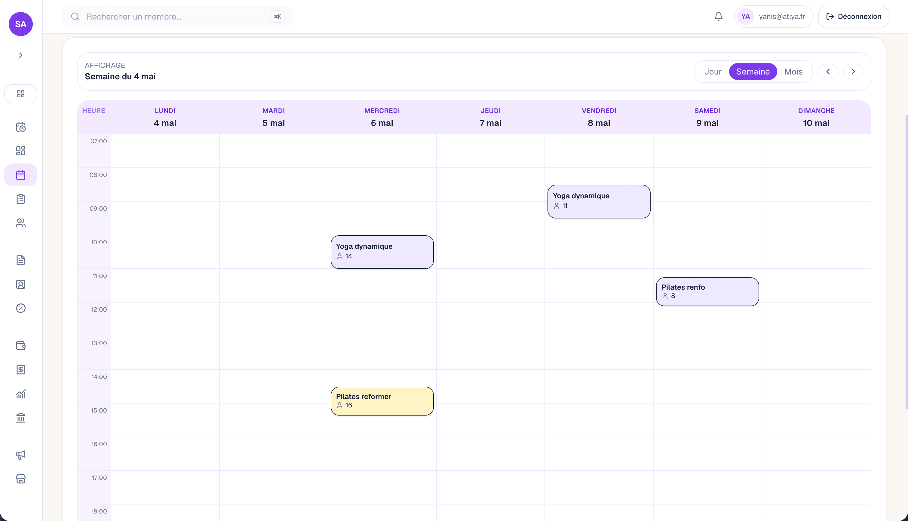Dashboard Yoma — planning hebdomadaire des cours et des coachs