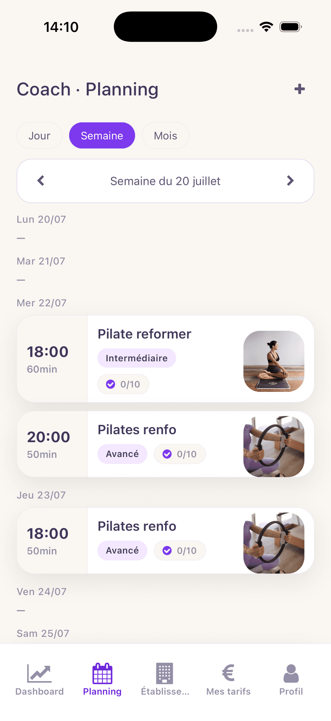 App coach Yoma — planning multi-studios et séances à venir
