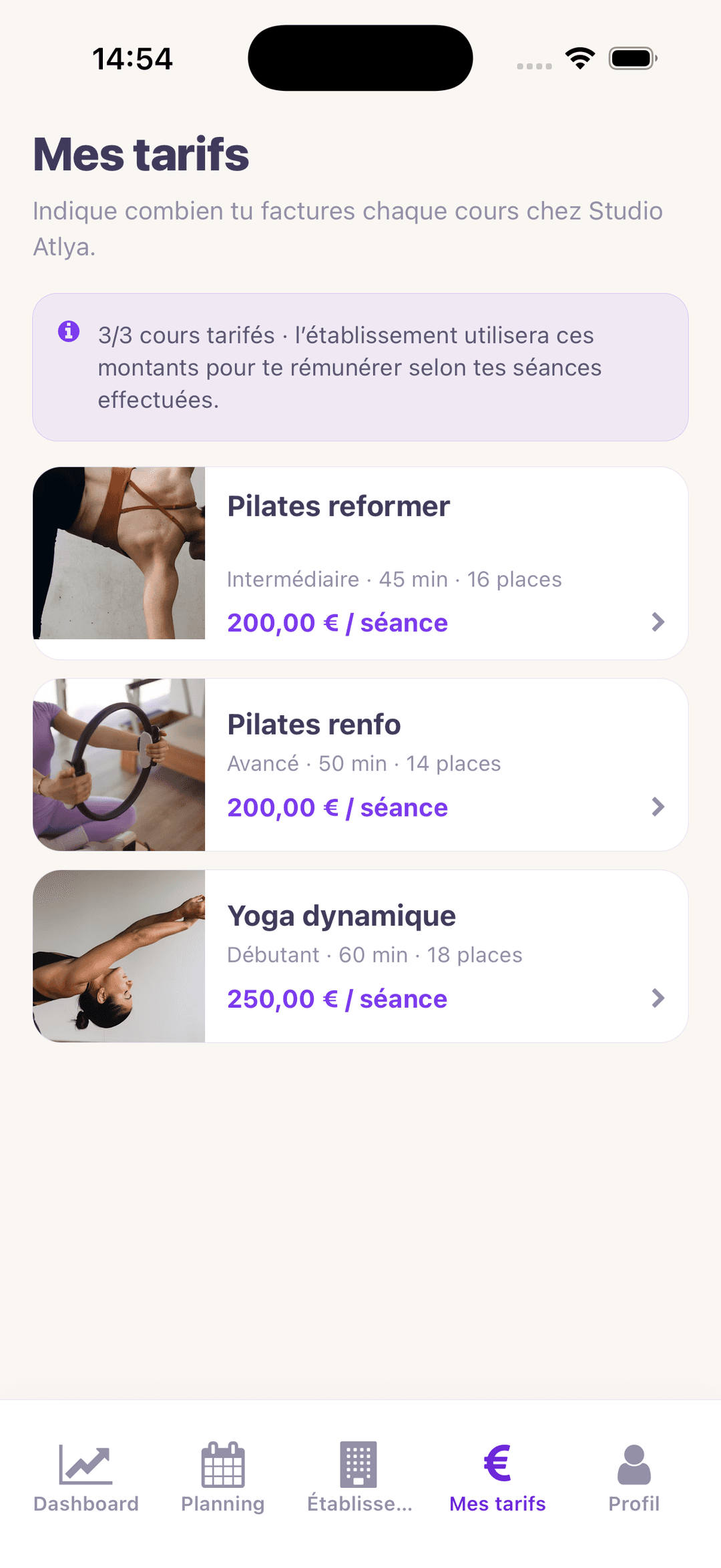 App coach Yoma — écran Mes tarifs avec un prix défini par cours pour un studio