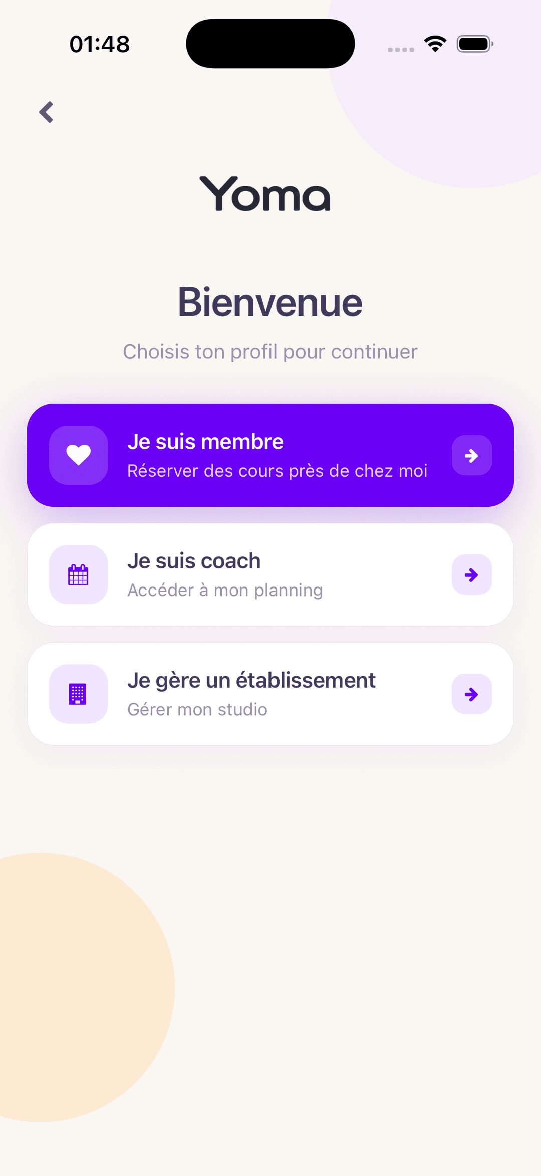 Écran d'accueil Yoma — choix du profil coach